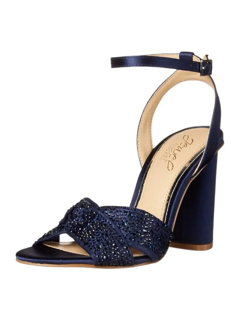 Jewel Badgley Mischka Nicoline Rhinestone Heeled Sandals 8 US Navy Satin